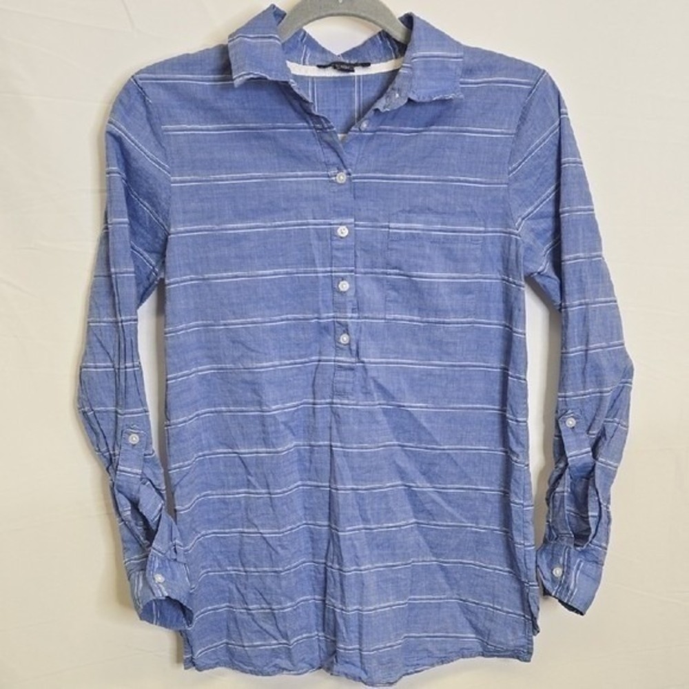 Tommy Hilfiger Roll Tab Long Sleeve Striped‎ Shirt, 100% Cotton, Blue White, XS